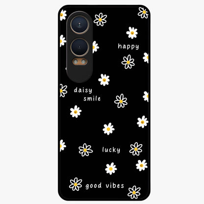 Good Vibes Daisy Black Pattern Glass Case for 1+Nord CE 4 Lite stylish front view featuring white daisy artwork on black background
