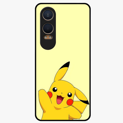 Happy Electric Pikachu Glass Case for 1+Nord CE 4 Lite energetic front view featuring electric themed cartoon artwork