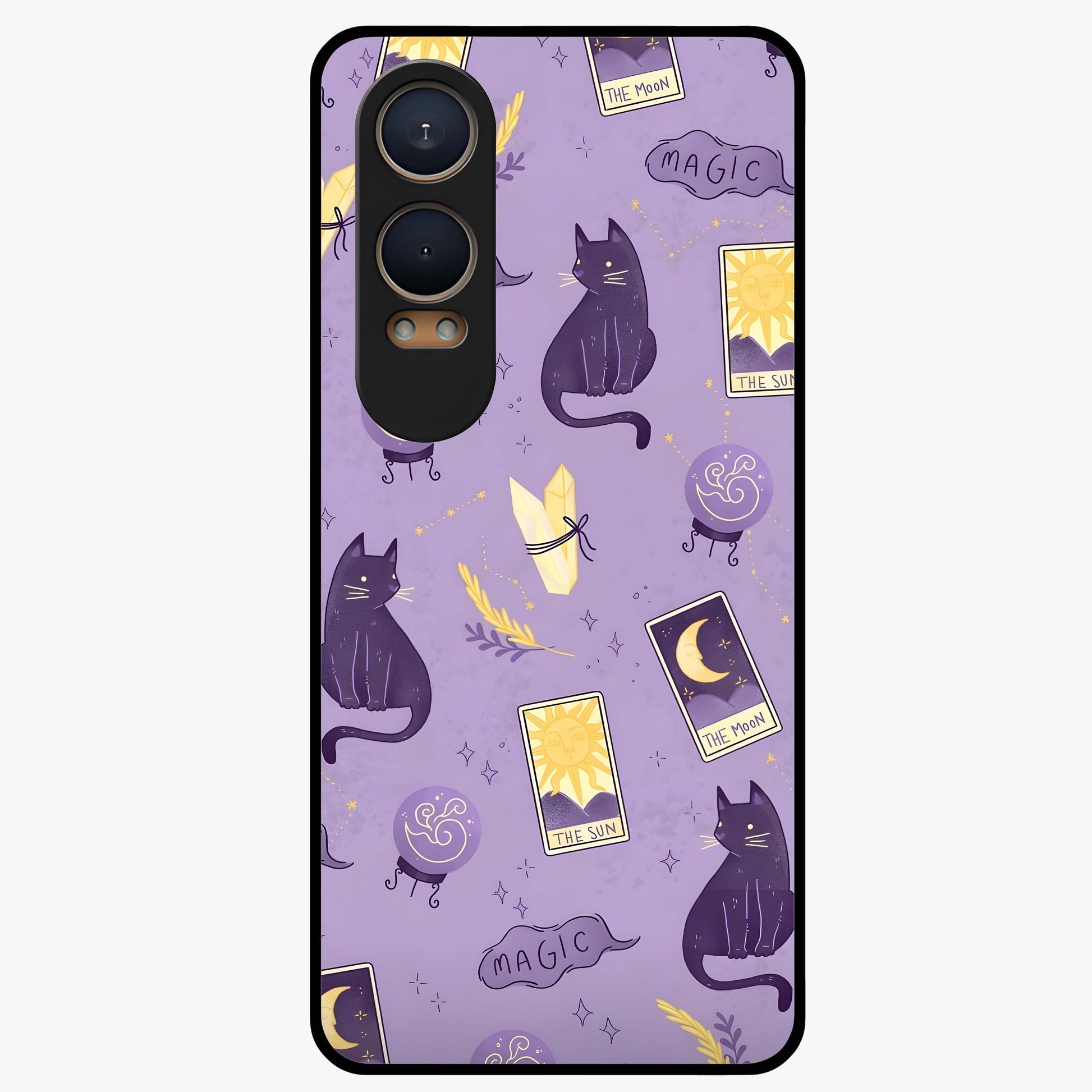 Humble Magic Cats Glass Case for 1+Nord CE 4 Lite showing full back design in clean flat view with whimsical cat artwork and glossy glass finish.