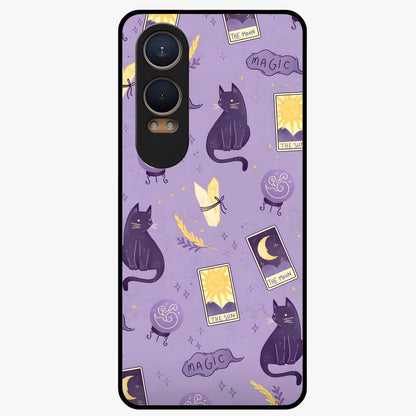 Humble Magic Cats Glass Case for 1+Nord CE 4 Lite showing full back design in clean flat view with whimsical cat artwork and glossy glass finish.