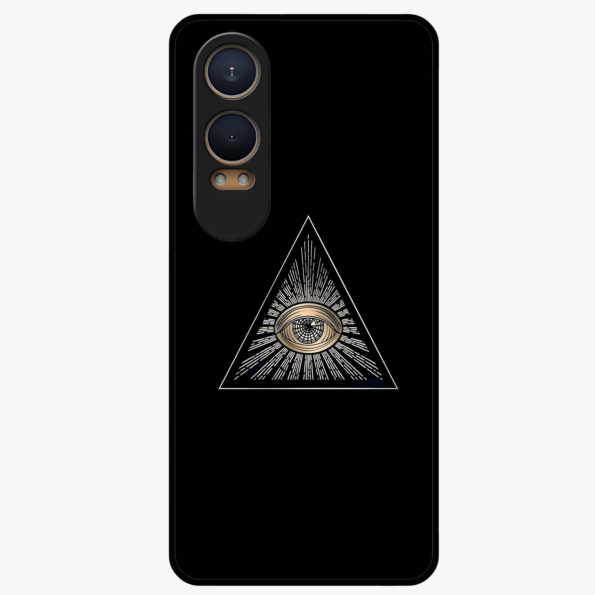 Illuminati Evil Glass Case for 1+Nord CE 4 Lite showing full back design in clean flat view with bold symbolic artwork and glossy glass finish.