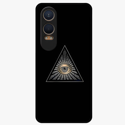 Illuminati Evil Glass Case for 1+Nord CE 4 Lite showing full back design in clean flat view with bold symbolic artwork and glossy glass finish.