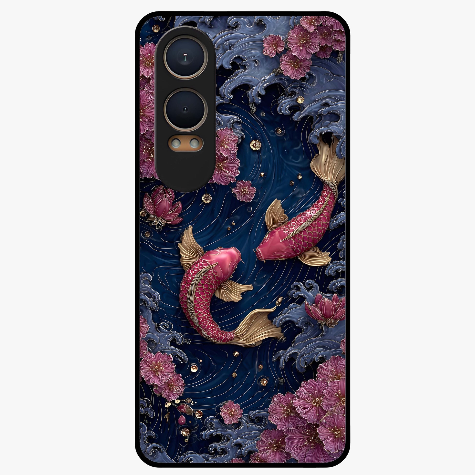 Koi Wave Dance Glass Case for 1+Nord CE 4 Lite artistic front view featuring flowing koi fish artwork with wave patterns