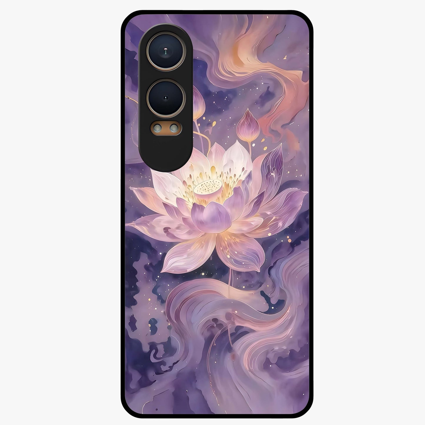 Lavender Lotus Muse Glass Case for 1+Nord CE 4 Lite elegant front view featuring lotus artwork in calming lavender tones