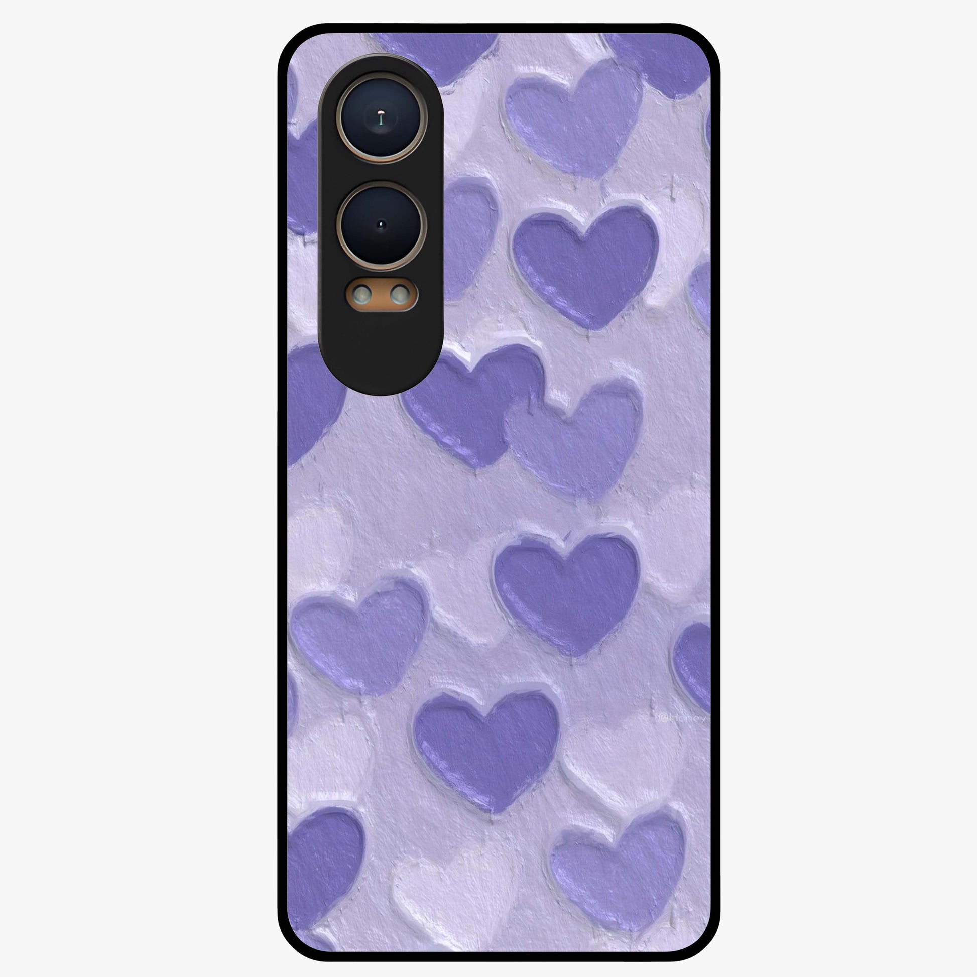 Lavender Paper Hearts Glass Case for 1+Nord CE 4 Lite cute front view featuring layered heart artwork in soft lavender tones