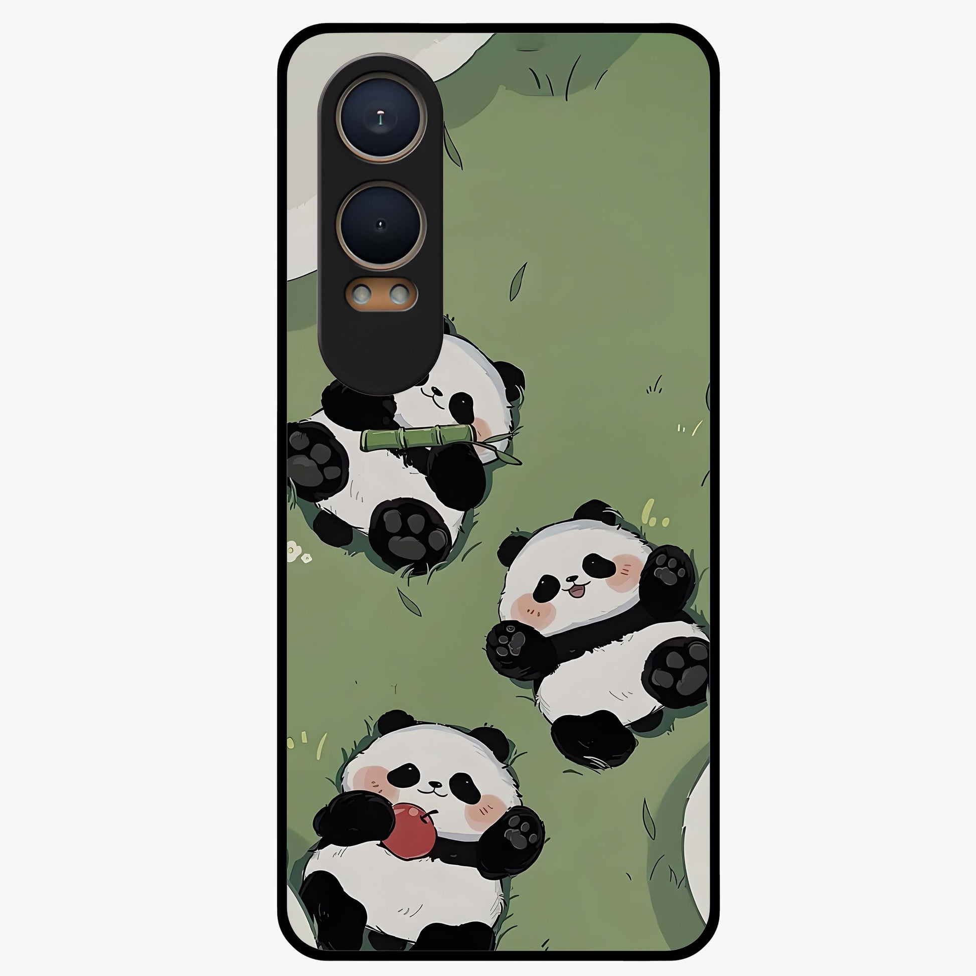 Lazy Panda Picnic Glass Case for 1+Nord CE 4 Lite adorable front view featuring playful panda picnic themed artwork