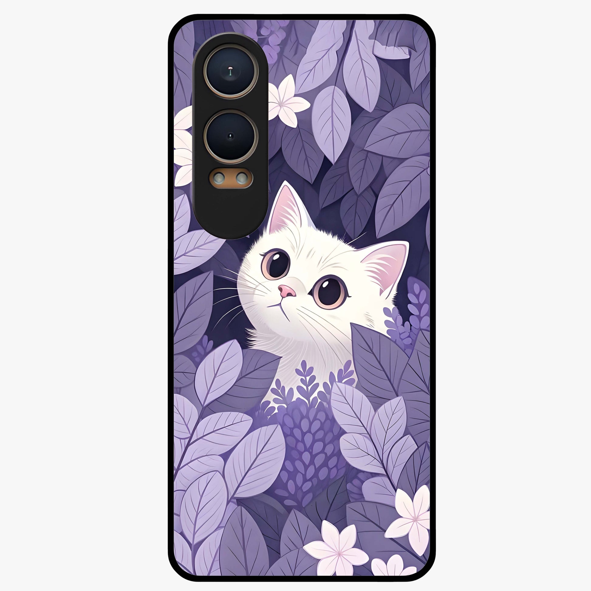 Lilac Hide Peek Cat Glass Case for 1+Nord CE 4 Lite adorable front view featuring playful cat artwork in lilac tones