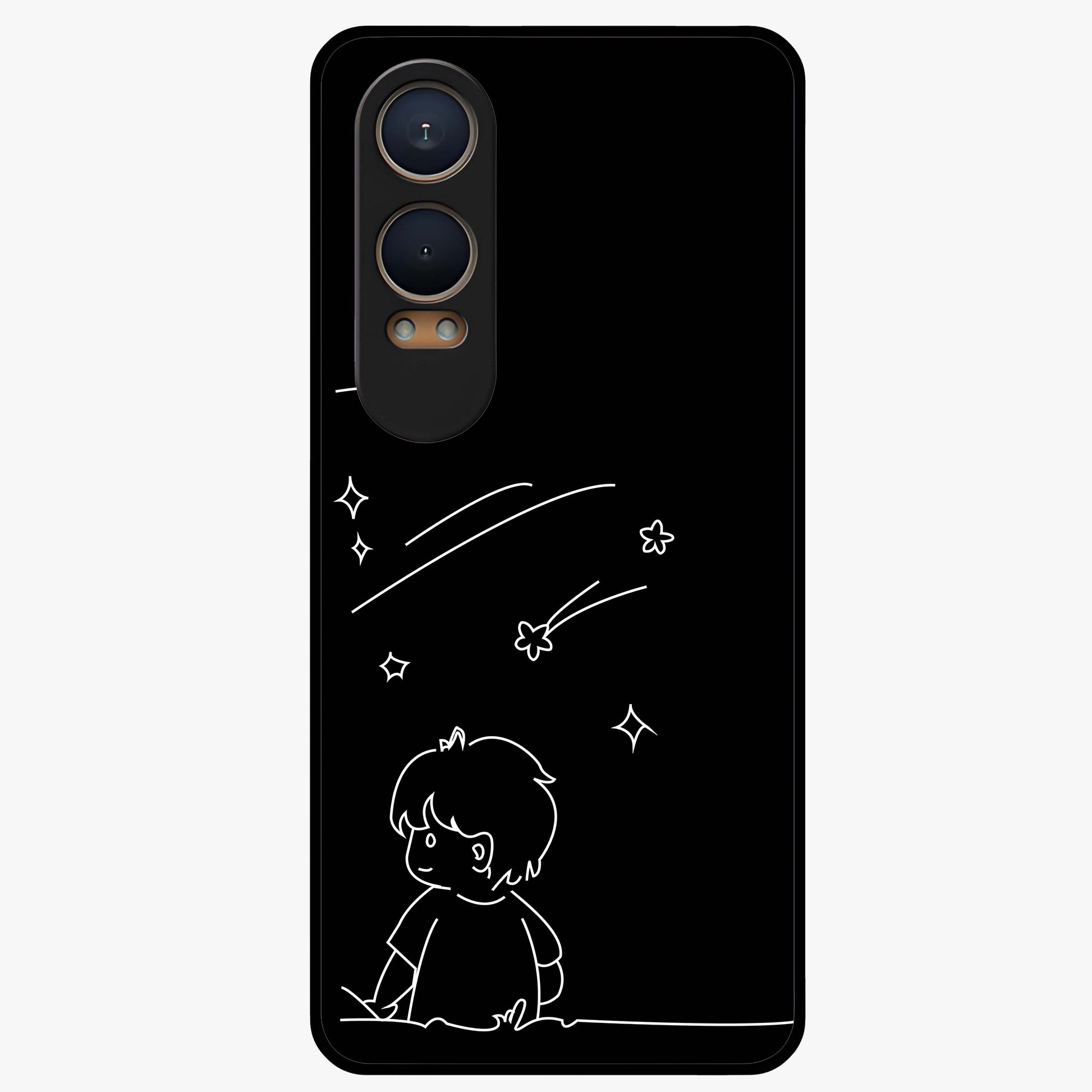 Line Art Boy With Shooting Stars Glass Case for 1+Nord CE 4 Lite artistic front view featuring minimal line art character with star accents