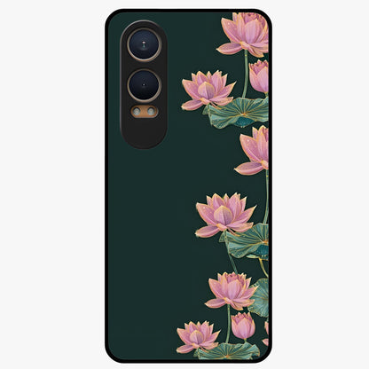 Lotus Bloom Serenity Glass Case for 1+Nord CE 4 Lite peaceful front view featuring elegant lotus floral artwork