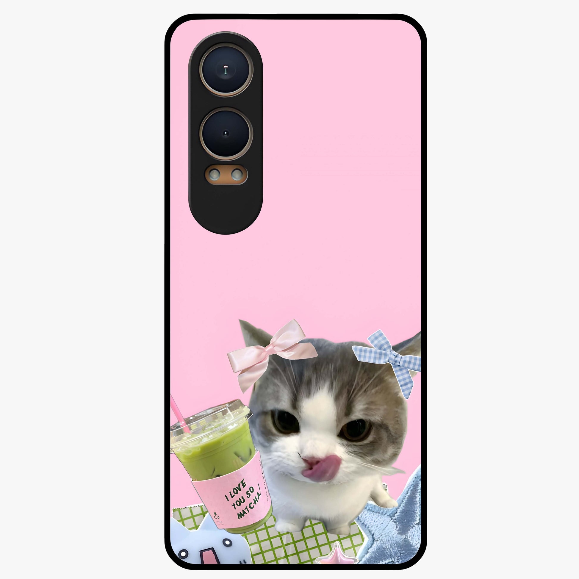 Love Matcha Cat Glass Case for 1+Nord CE 4 Lite adorable front view featuring cute cat artwork with matcha theme