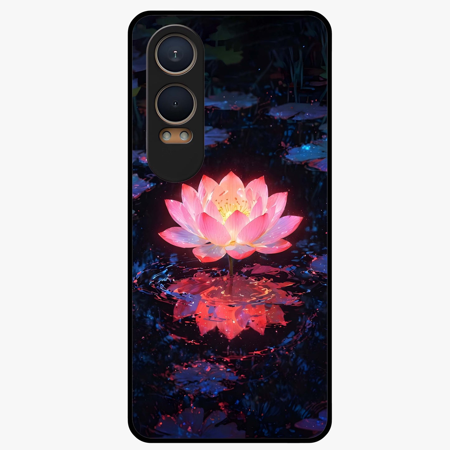 Luminous Lotus Glow Glass Case for 1+Nord CE 4 Lite radiant front view featuring glowing lotus artwork
