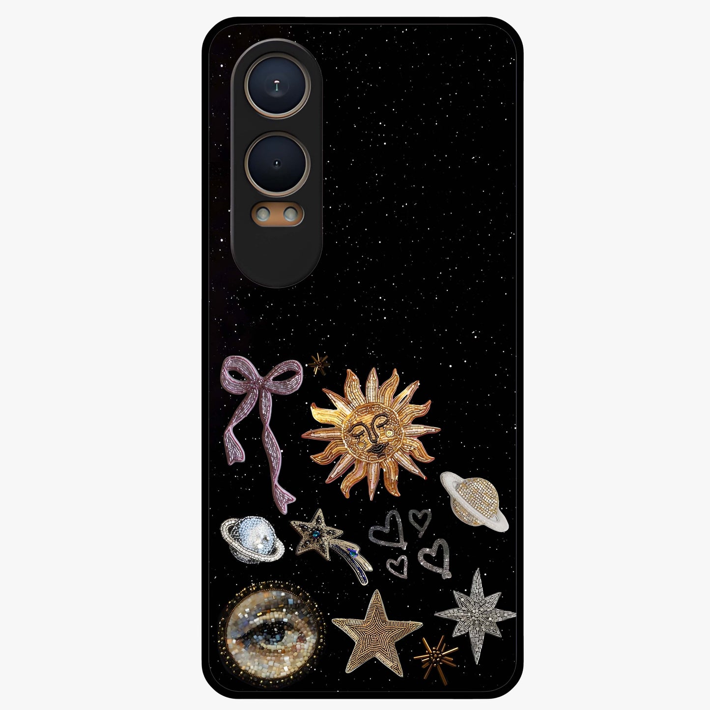 Magical Jewelry Vibe Glass Case for 1+Nord CE 4 Lite glamorous front view featuring jewel inspired artistic artwork