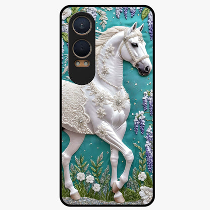 Majestic Floral Stallion Glass Case for 1+Nord CE 4 Lite powerful front view featuring horse artwork blended with floral detailing