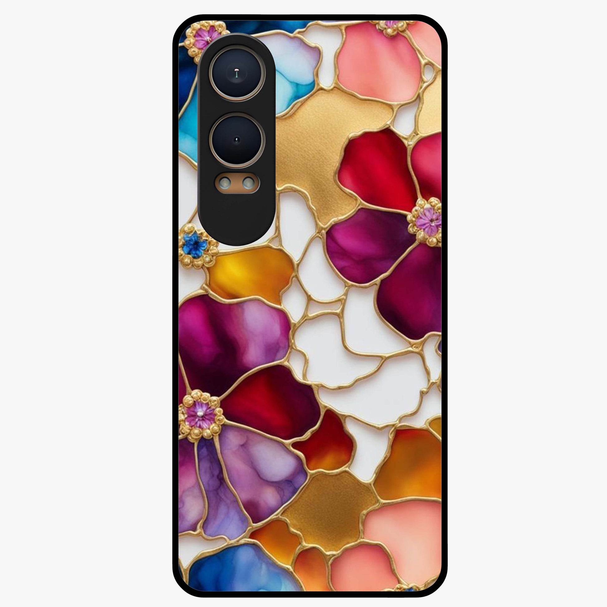Marble Flower Pattern Glass Case for 1+Nord CE 4 Lite stylish front view featuring floral artwork blended with marble texture