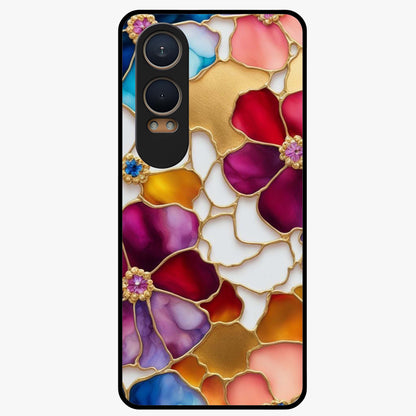 Marble Flower Pattern Glass Case for 1+Nord CE 4 Lite stylish front view featuring floral artwork blended with marble texture