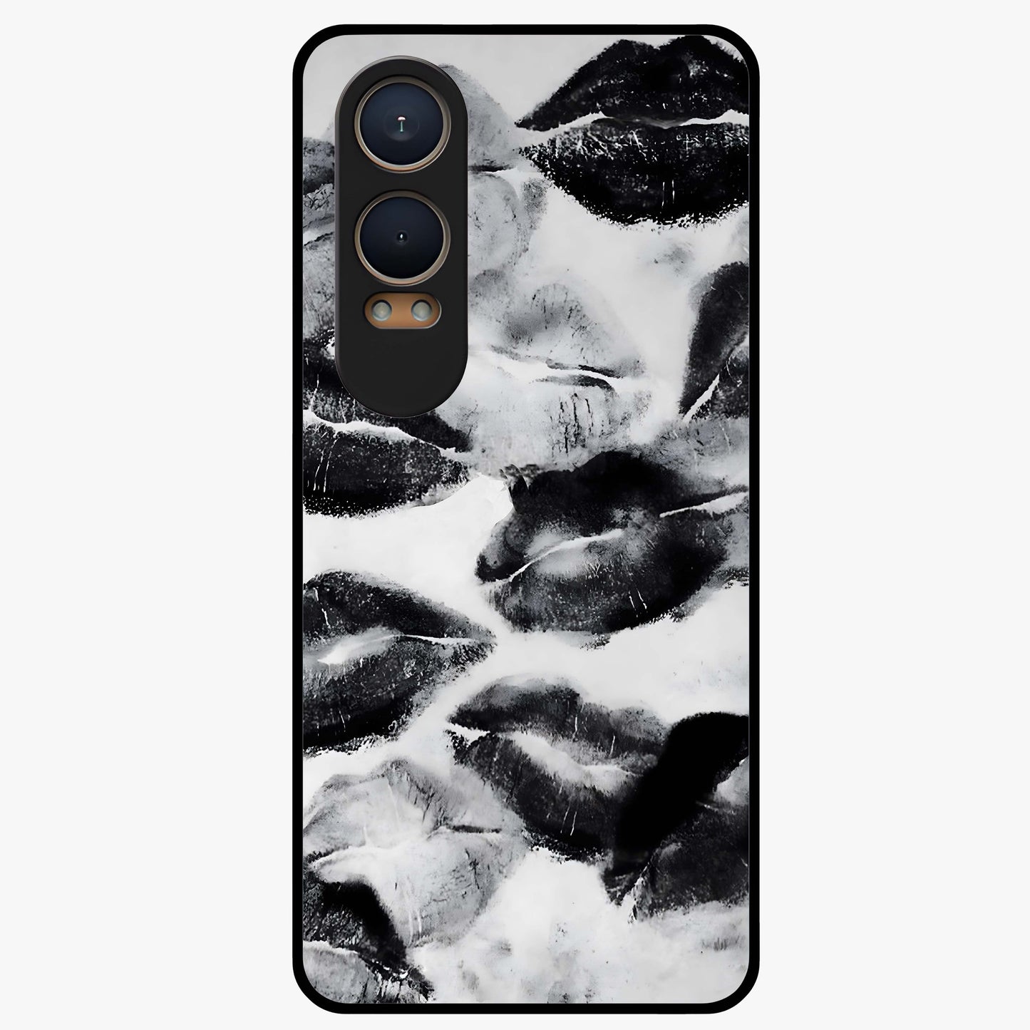 Midnight Kiss Marks Glass Case for 1+Nord CE 4 Lite bold front view featuring romantic kiss mark artwork on dark background