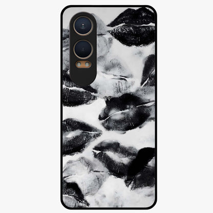 Midnight Kiss Marks Glass Case for 1+Nord CE 4 Lite bold front view featuring romantic kiss mark artwork on dark background