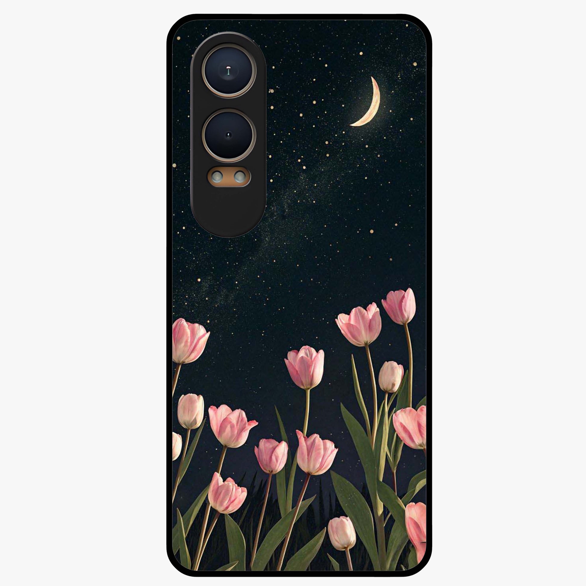 Midnight Tulip Whispers Vibe Glass Case for 1+Nord Ce 4 Lite elegant front view featuring tulip floral artwork on dark background