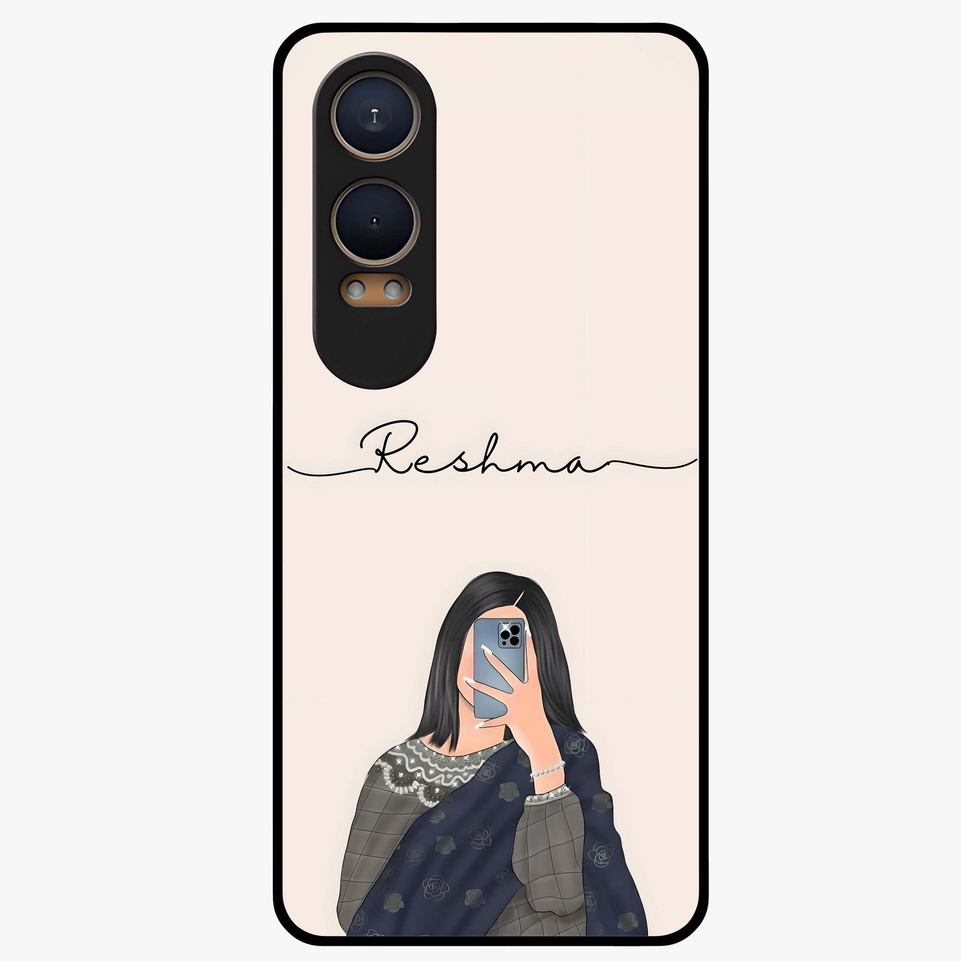 Mirror Mood Muse With Custom Name Glass Case for 1+Nord Ce 4 Lite stylish front view featuring aesthetic artwork with personalized name detail