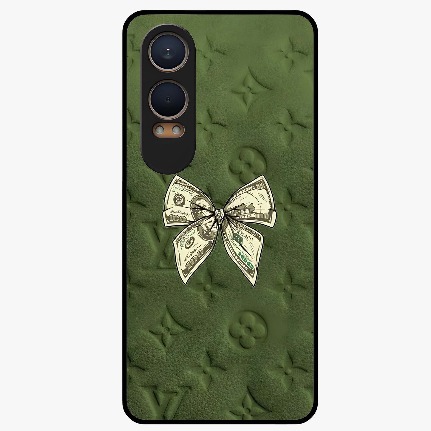 Money Bow Lv Glass Case for 1+Nord CE 4 Lite luxury inspired front view featuring bold fashion themed artwork
