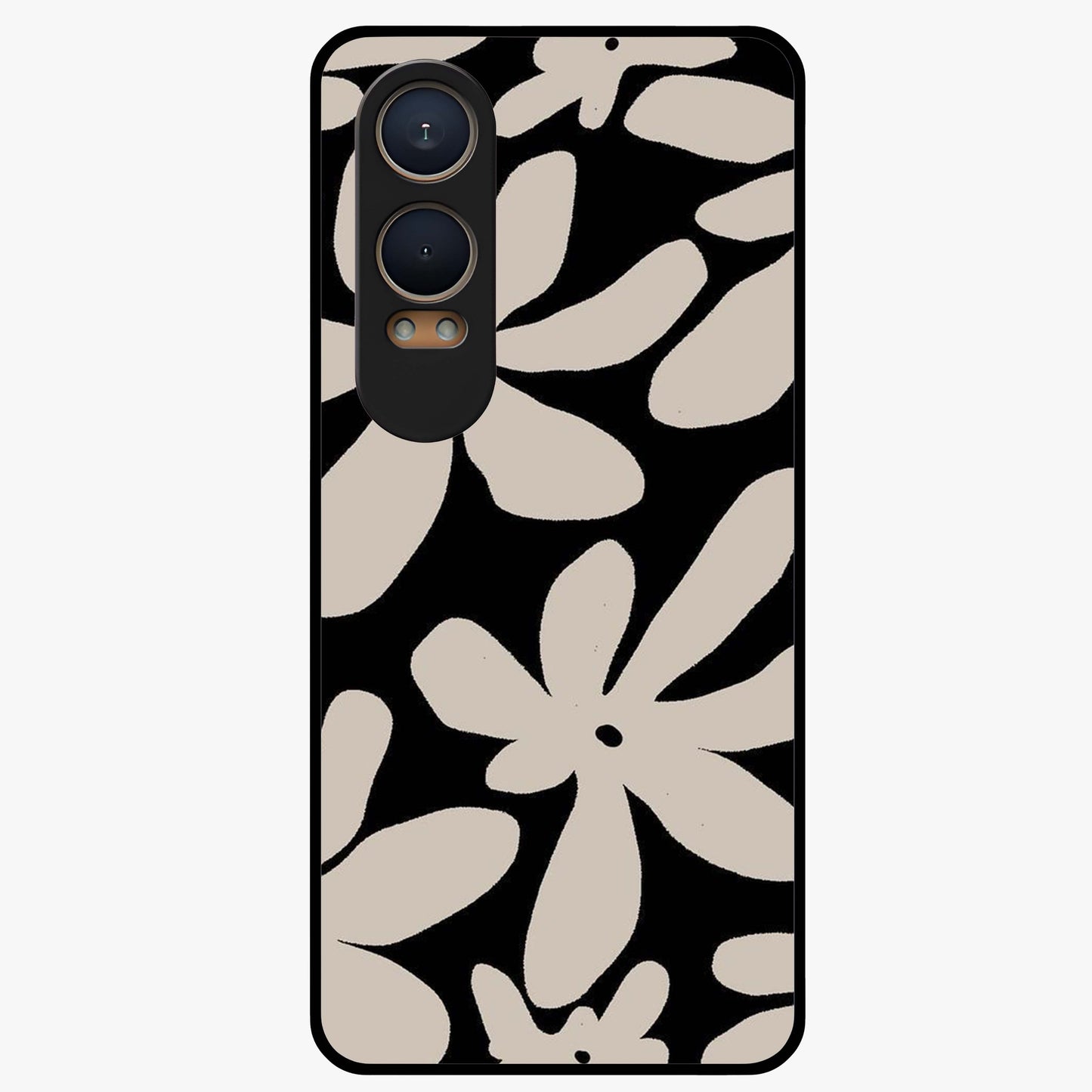 Monochrome Petal Dance Glass Case for 1+Nord CE 4 Lite artistic front view featuring black and white floral artwork