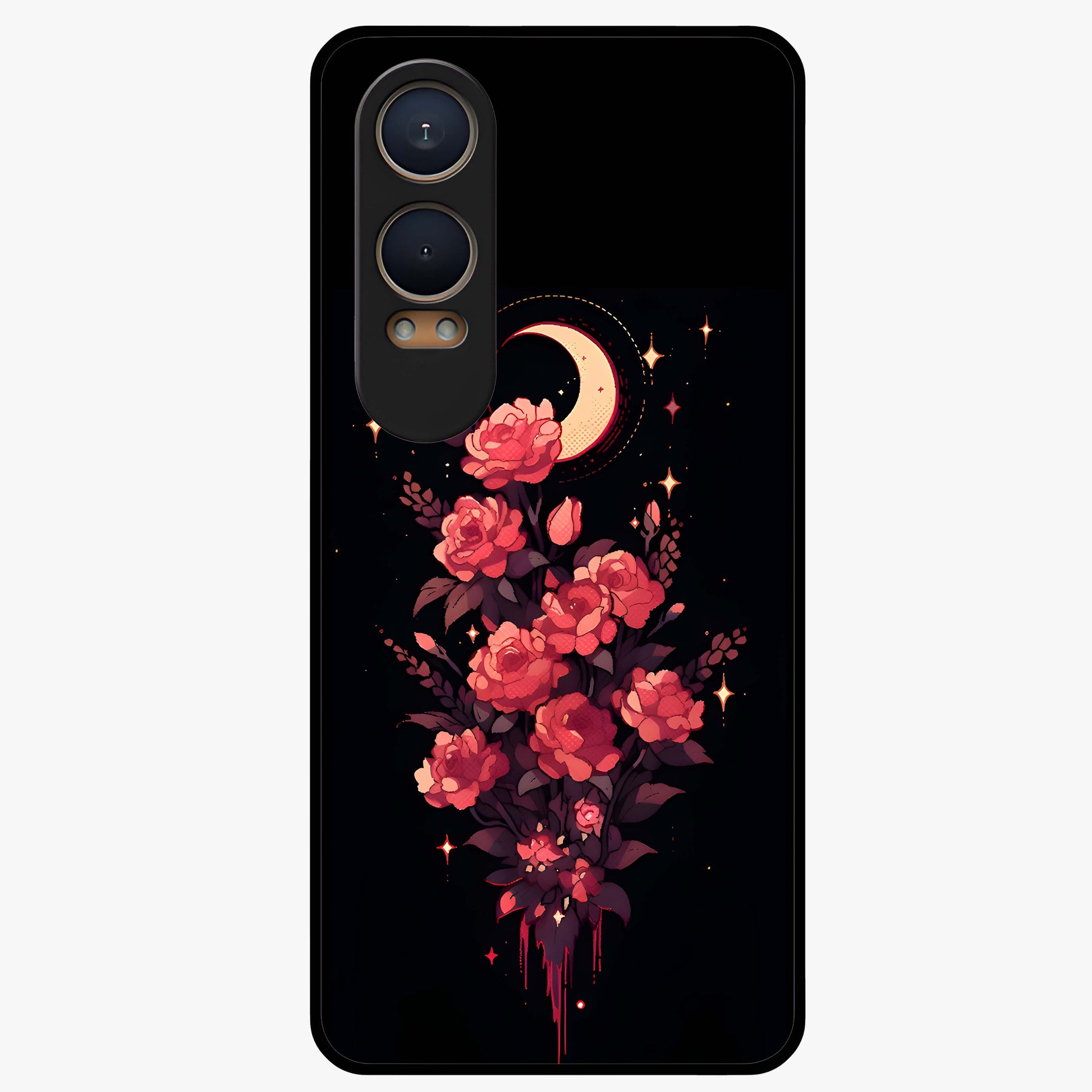 Moonlit Floral Elegance Glass Case for 1+Nord CE 4 Lite graceful front view featuring sophisticated floral artwork on dark backdrop