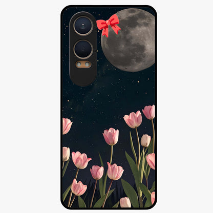 Moonlit Night Tulip Glass Case for 1+Nord Ce 4 Lite serene front view featuring tulip floral artwork in midnight tones