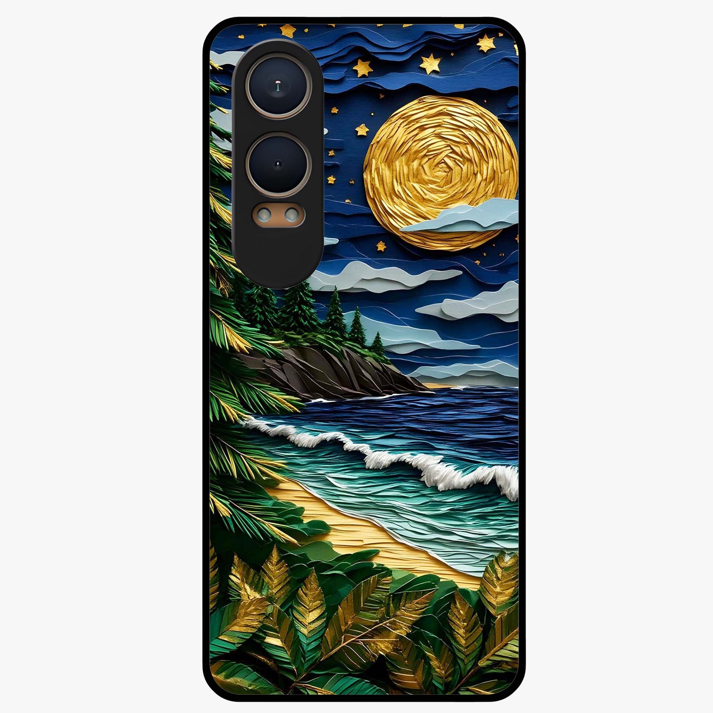 Moonlit Ocean Pines Glass Case for 1+Nord CE 4 Lite scenic front view featuring pine trees by ocean under moonlit sky