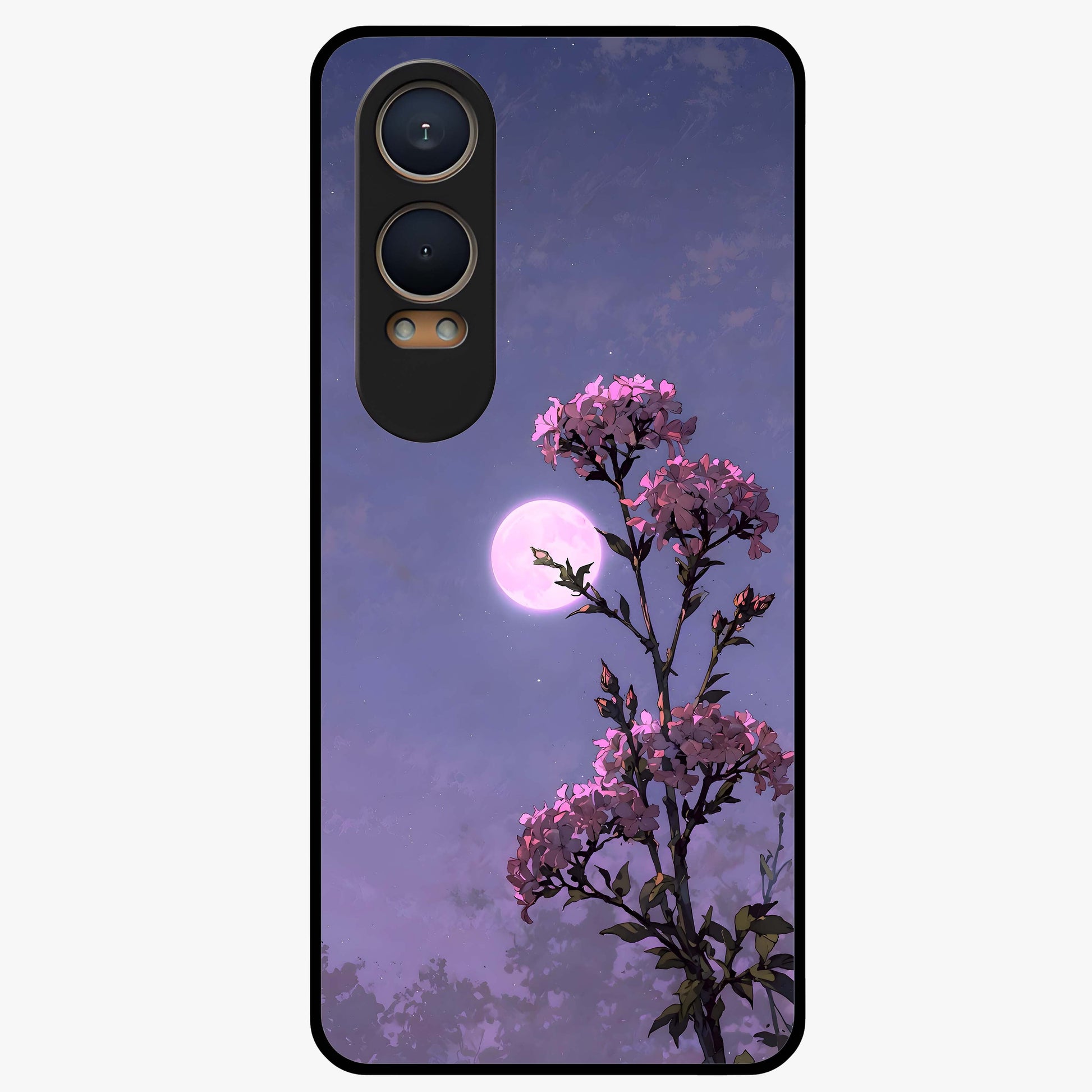 Moonlit Petal Night Glass Case for 1+Nord Ce 4 Lite elegant front view featuring floral artwork glowing in night tones