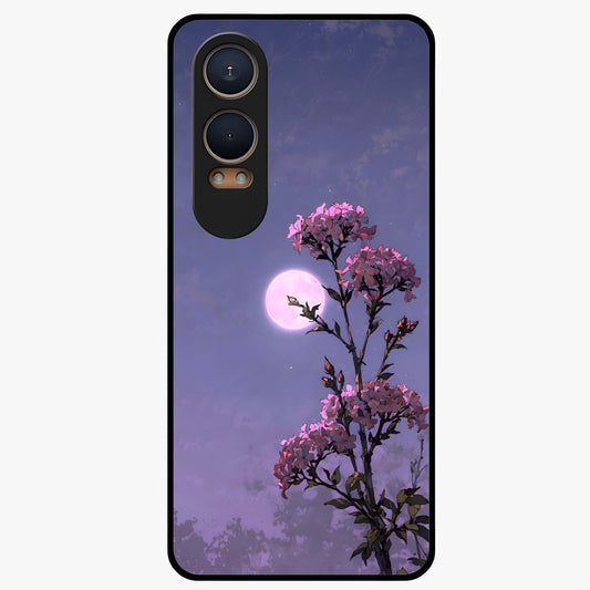 Moonlit Petal Night Glass Case for 1+Nord Ce 4 Lite elegant front view featuring floral artwork glowing in night tones