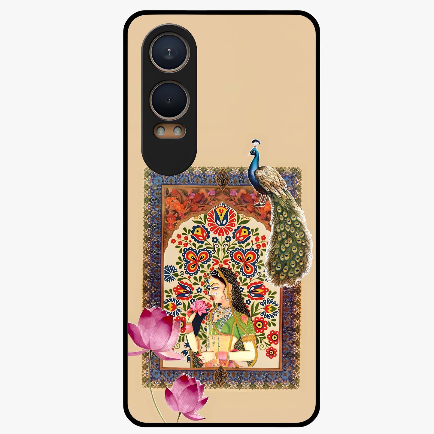 Mughal Princess and Peacock Glass Case for 1+Nord Ce 4 Lite royal front view featuring intricate princess and peacock artwork