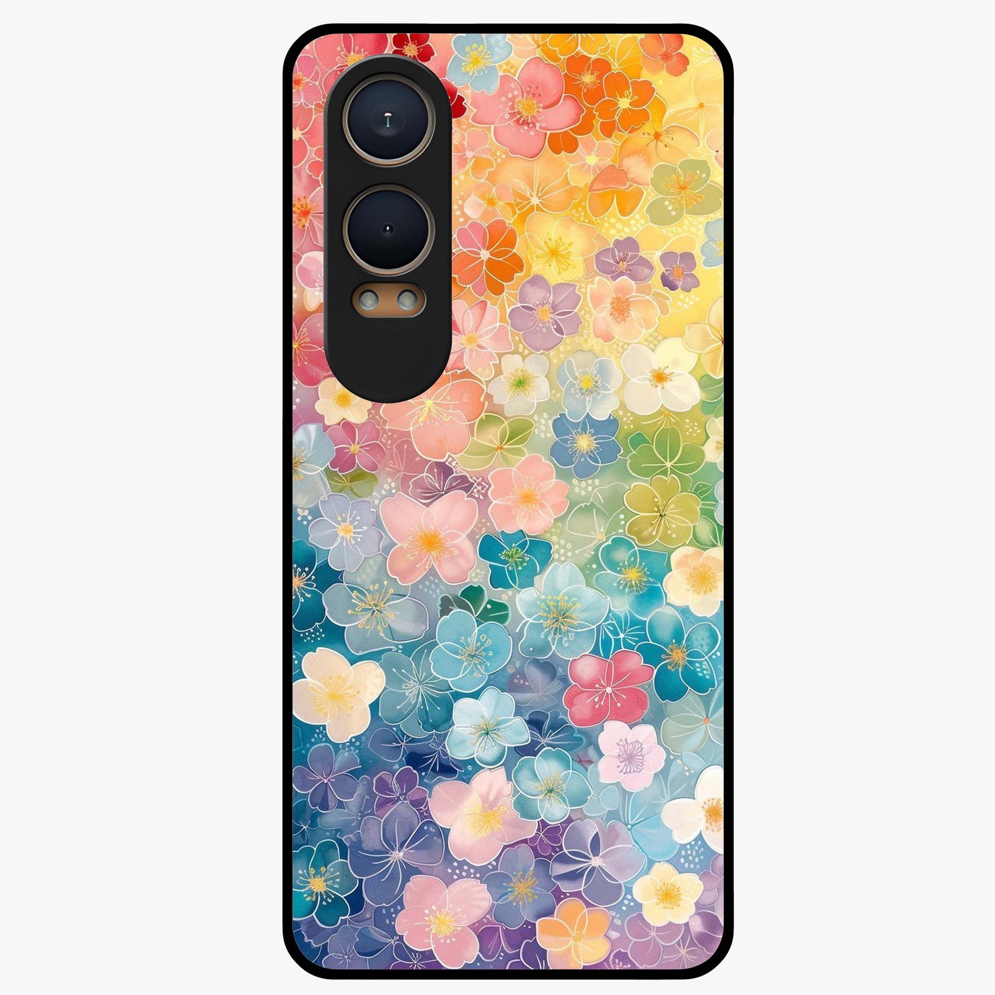 Multiple Background With Flower Glass Case for 1+Nord CE 4 Lite vibrant front view featuring layered floral artwork on mixed backgrounds