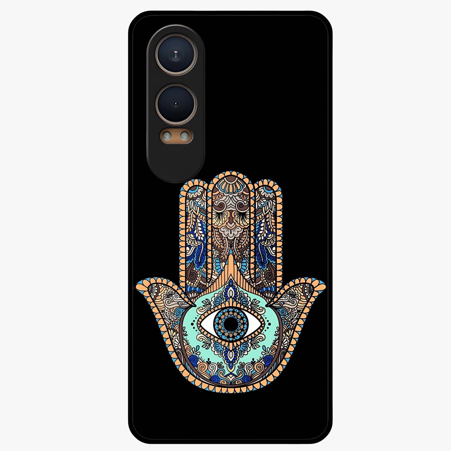 Mystic Hamsa Eye Glass Case for 1+Nord CE 4 Lite symbolic front view featuring traditional hamsa eye artwork