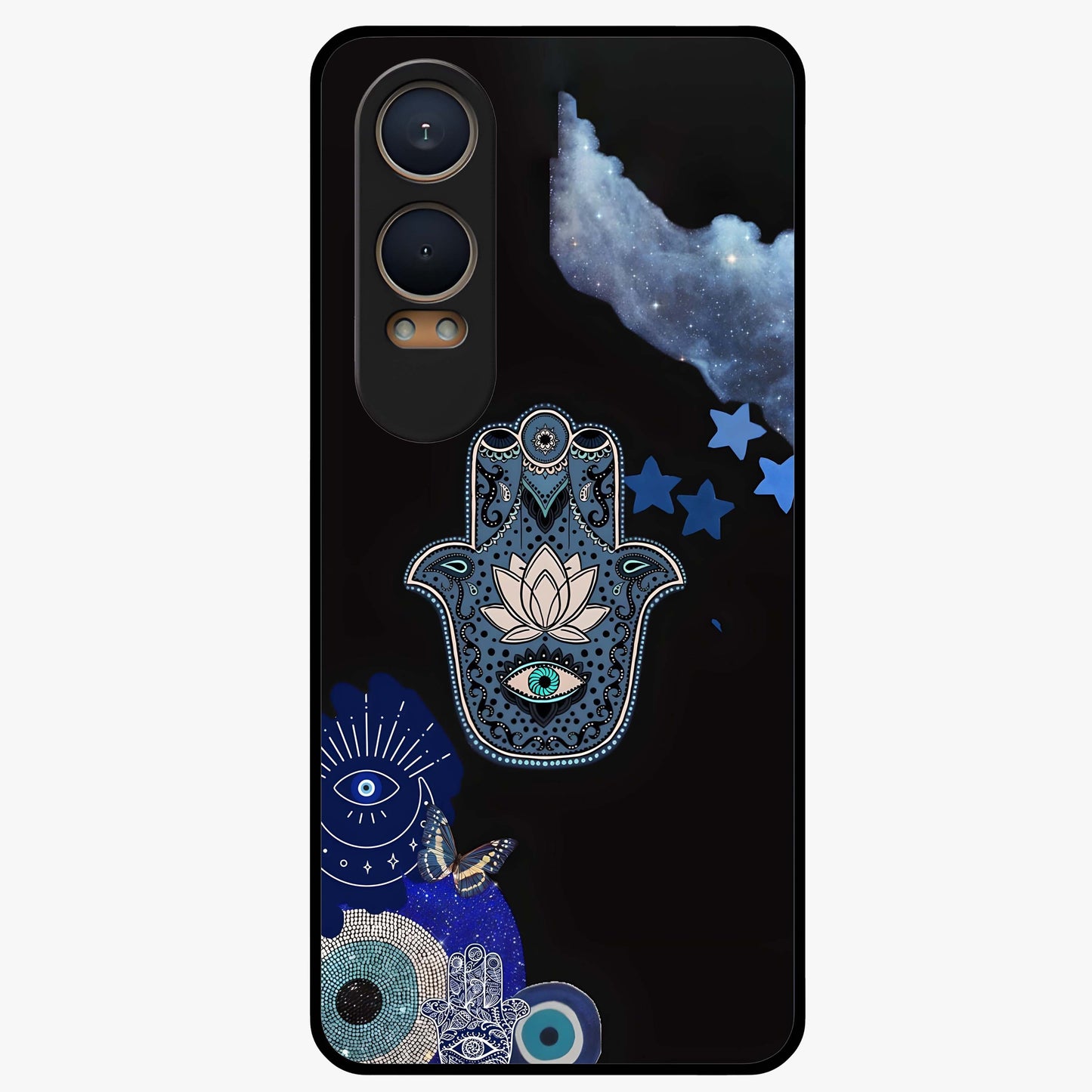 Mystic Hand Aura Glass Case for 1+Nord Ce 4 Lite artistic front view featuring hand symbol artwork with glowing aura tones