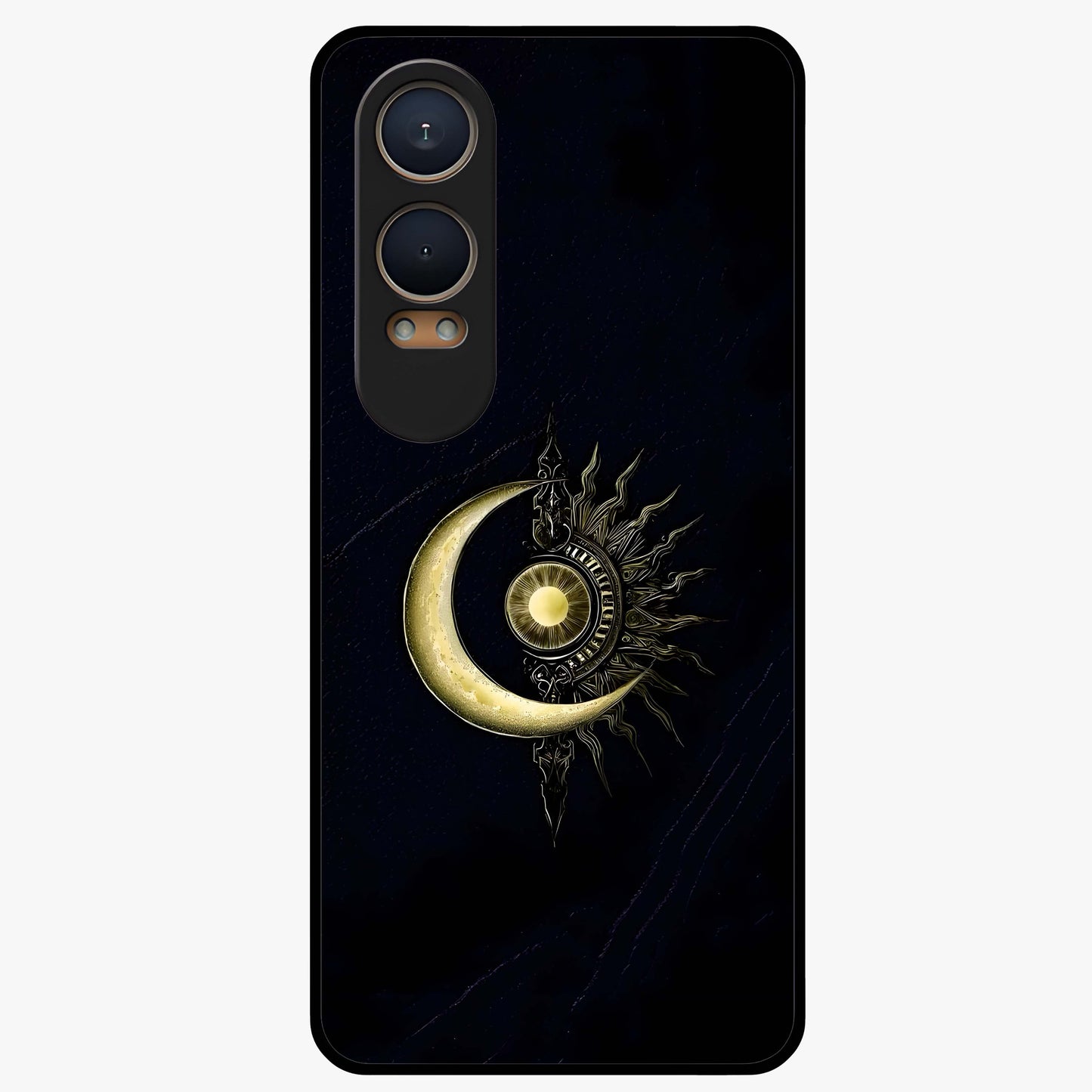Mystic Lunar Flame Glass Case for 1+Nord CE 4 Lite striking front view featuring moon and flame inspired artwork