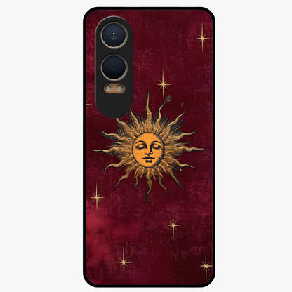 Mystic Solar Glow Glass Case for 1+Nord CE 4 Lite radiant front view featuring glowing sun inspired mystical artwork