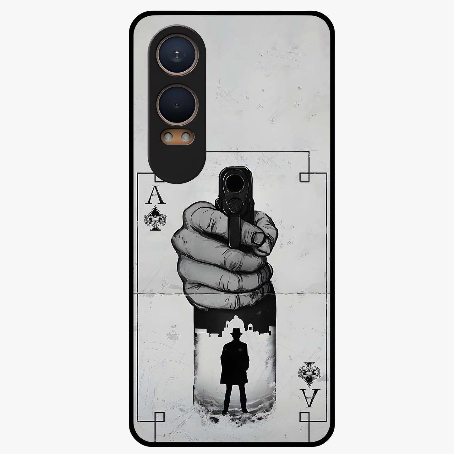 Noir Trigger Fate Glass Case for 1+Nord CE 4 Lite dramatic front view featuring bold noir themed artistic artwork