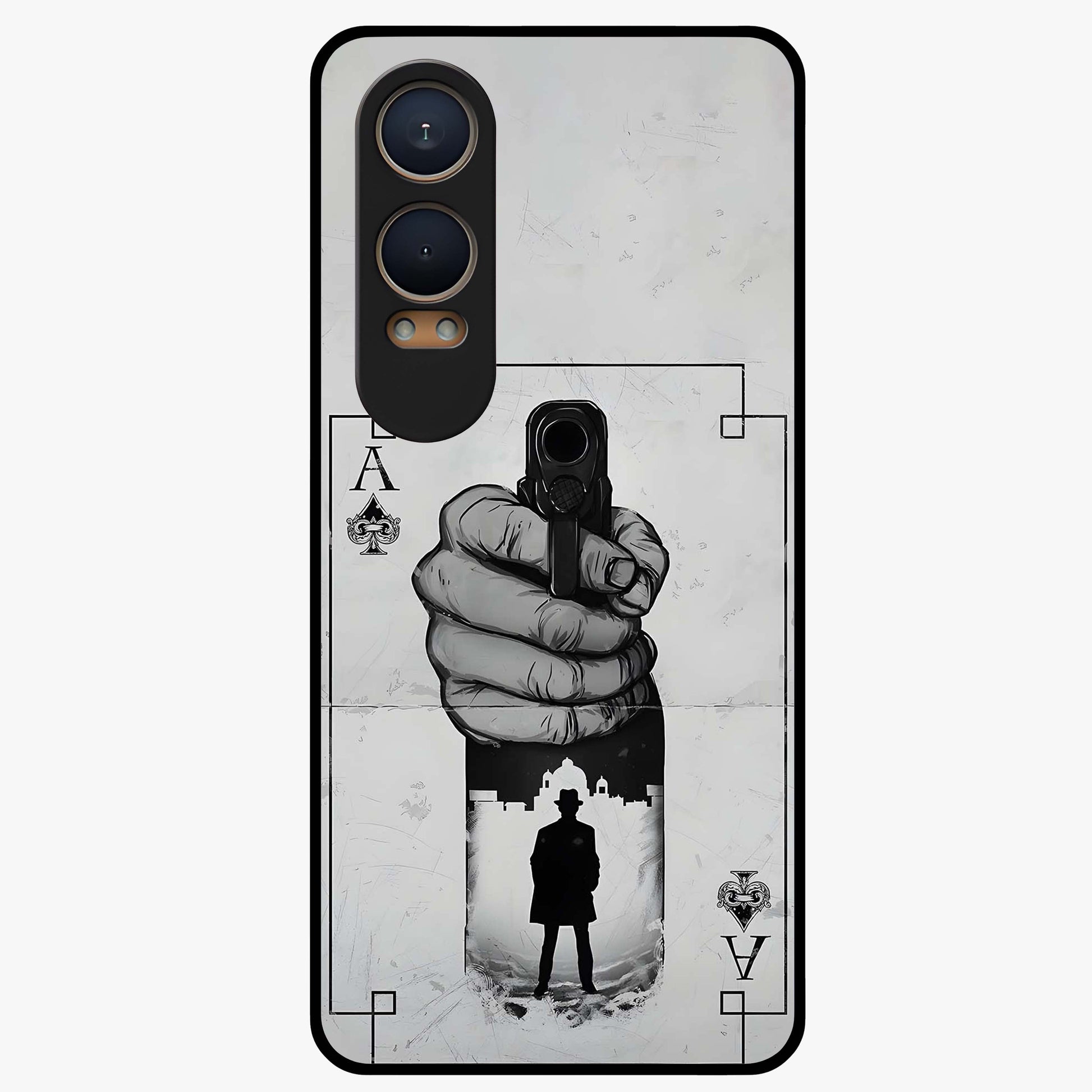 Noir Trigger Fate Glass Case for 1+Nord CE 4 Lite dramatic front view featuring bold noir themed artistic artwork