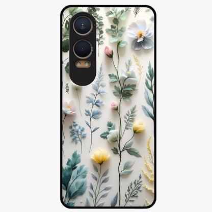 Pastel Garden Whispers Glass Case for 1+Nord Ce 4 Lite soft front view featuring delicate pastel floral artwork