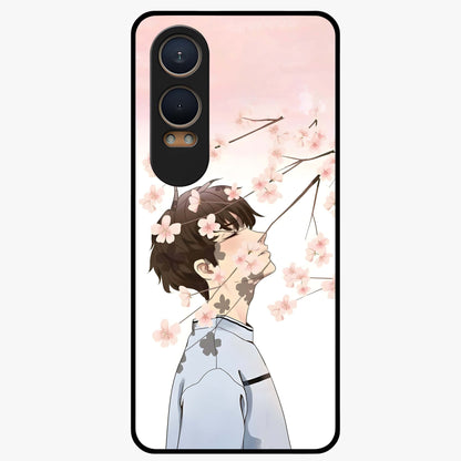Pink Blossom Boy Glass Case for 1+Nord CE 4 Lite aesthetic front view featuring illustrated character with pink floral accents