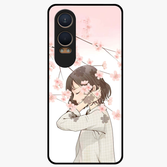 Pink Blossom Girl Glass Case for 1+Nord Ce 4 Lite charming front view featuring illustrated girl with pink blossom artwork