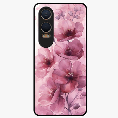 Pink Floral Glass Case for 1+Nord CE 4 Lite elegant front view featuring soft pink flower artwork