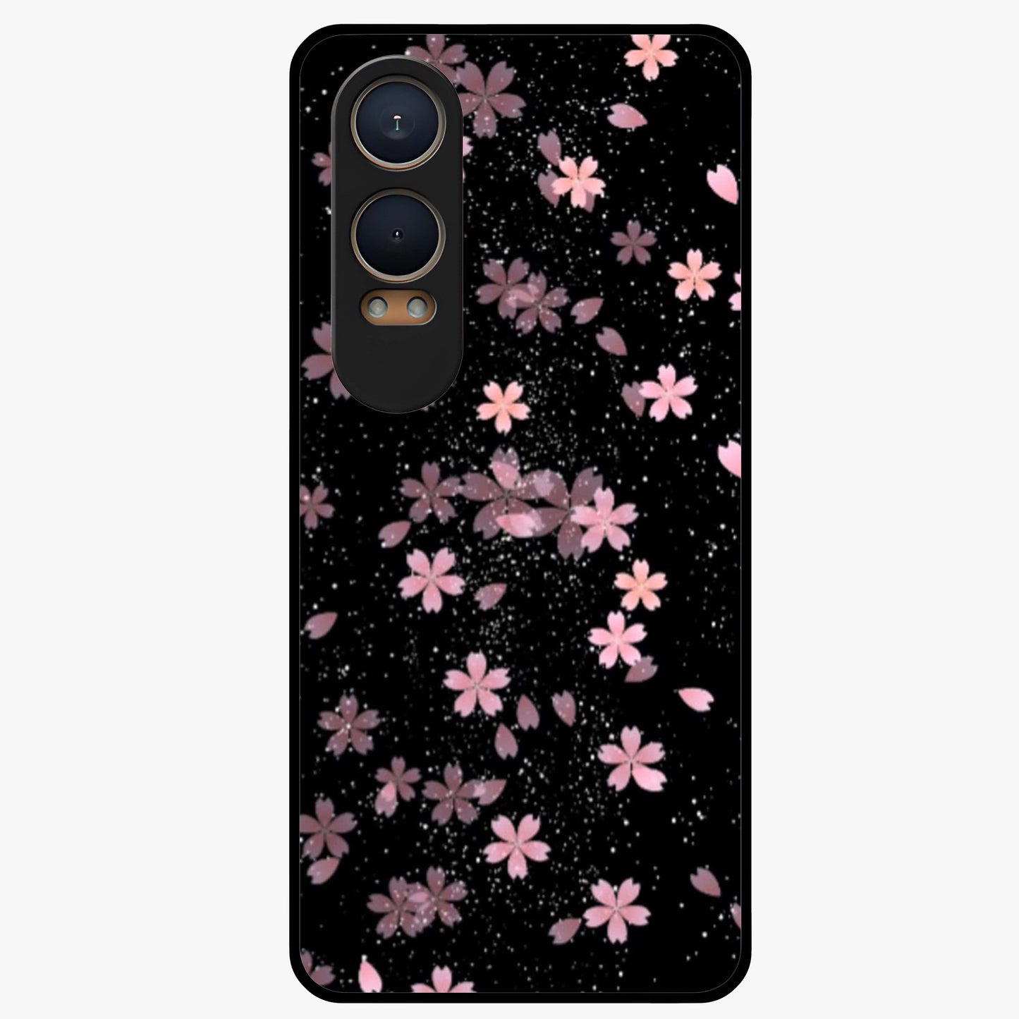 Pink Flower Black Background Glass Case for 1+Nord CE 4 Lite striking front view featuring vibrant pink flower on dark backdrop