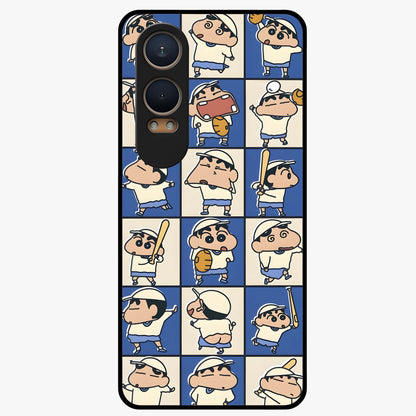 Playful Shin Swing Glass Case for 1+Nord CE 4 Lite lively front view featuring animated character artwork with playful theme