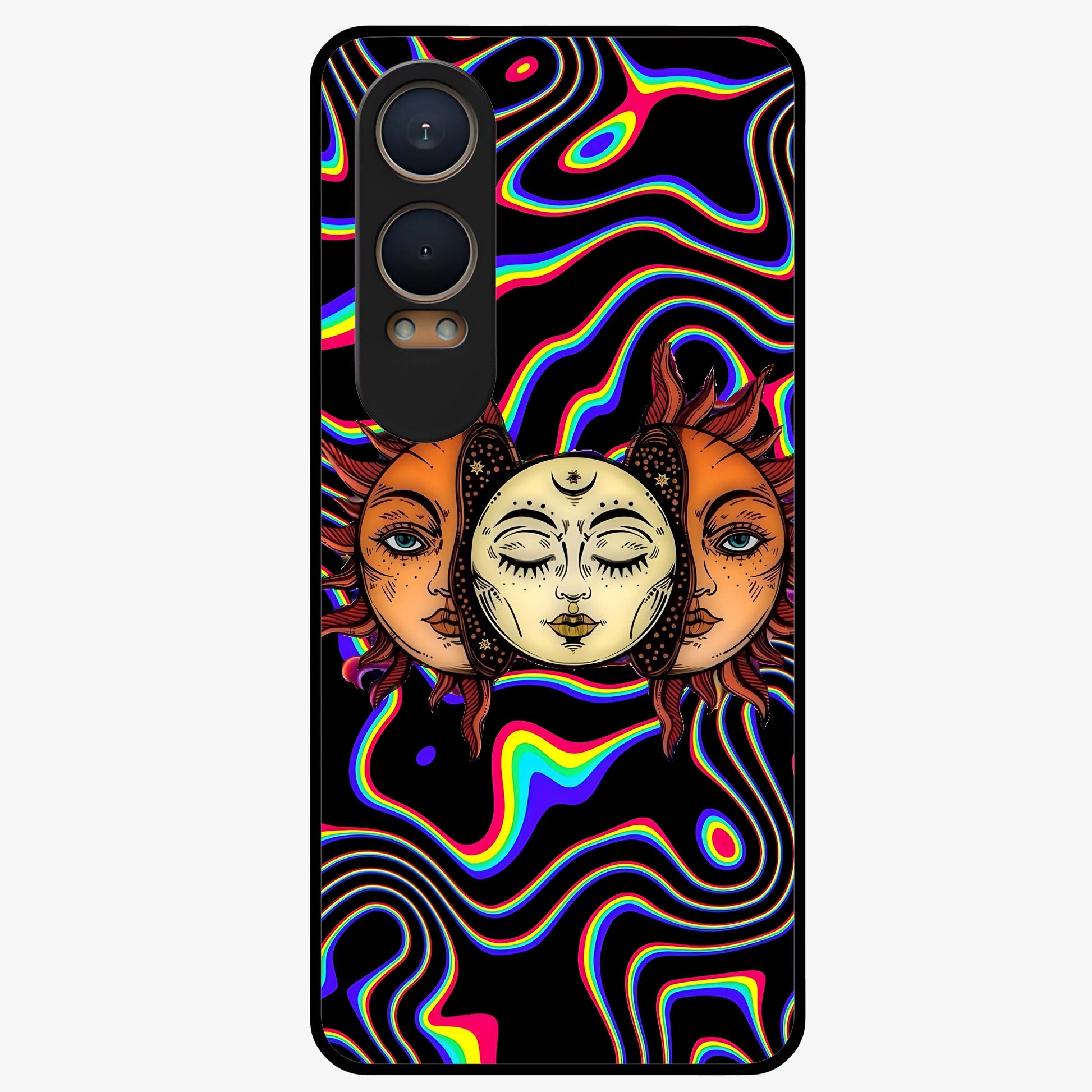Psychedelic Sun Glass Case for 1+Nord Ce 4 Lite artistic front view featuring vibrant sun artwork in psychedelic colors