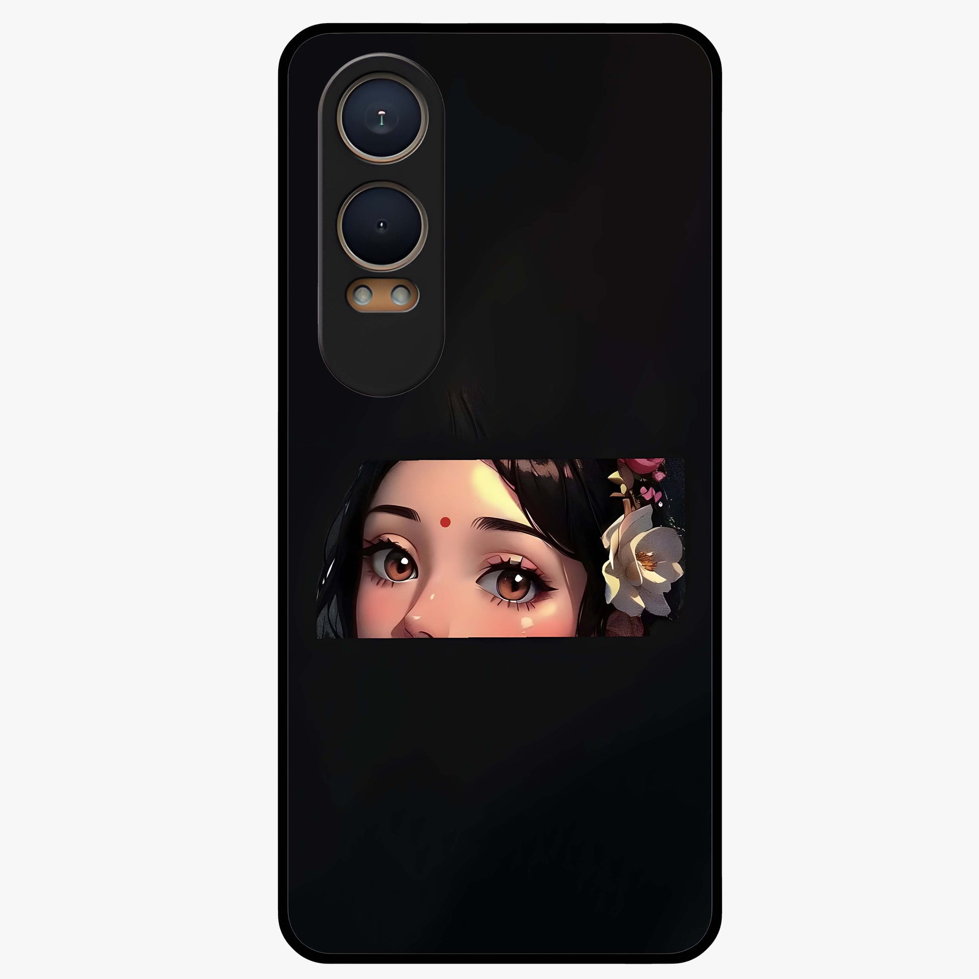 Radha Divine Embrace Glass Case for 1+Nord Ce 4 Lite devotional front view featuring graceful Radha inspired artwork