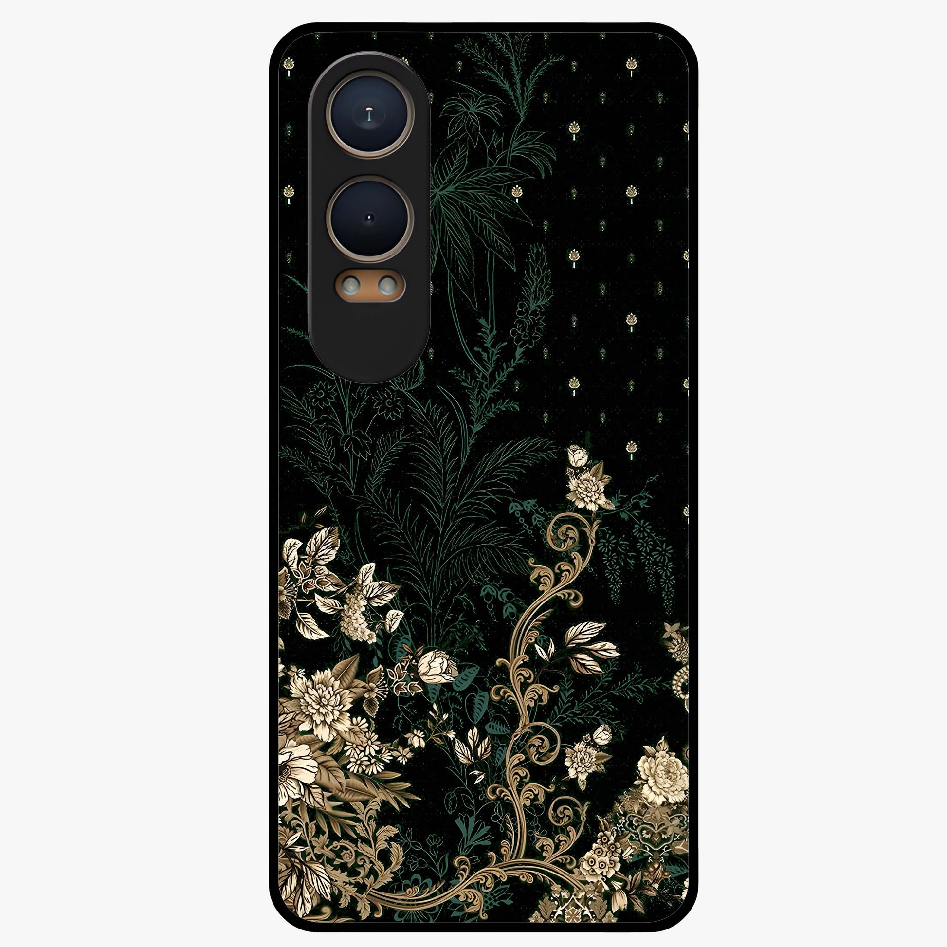 Regal Botanical Tapestry Glass Case for 1+Nord CE 4 Lite luxurious front view featuring intricate botanical tapestry artwork