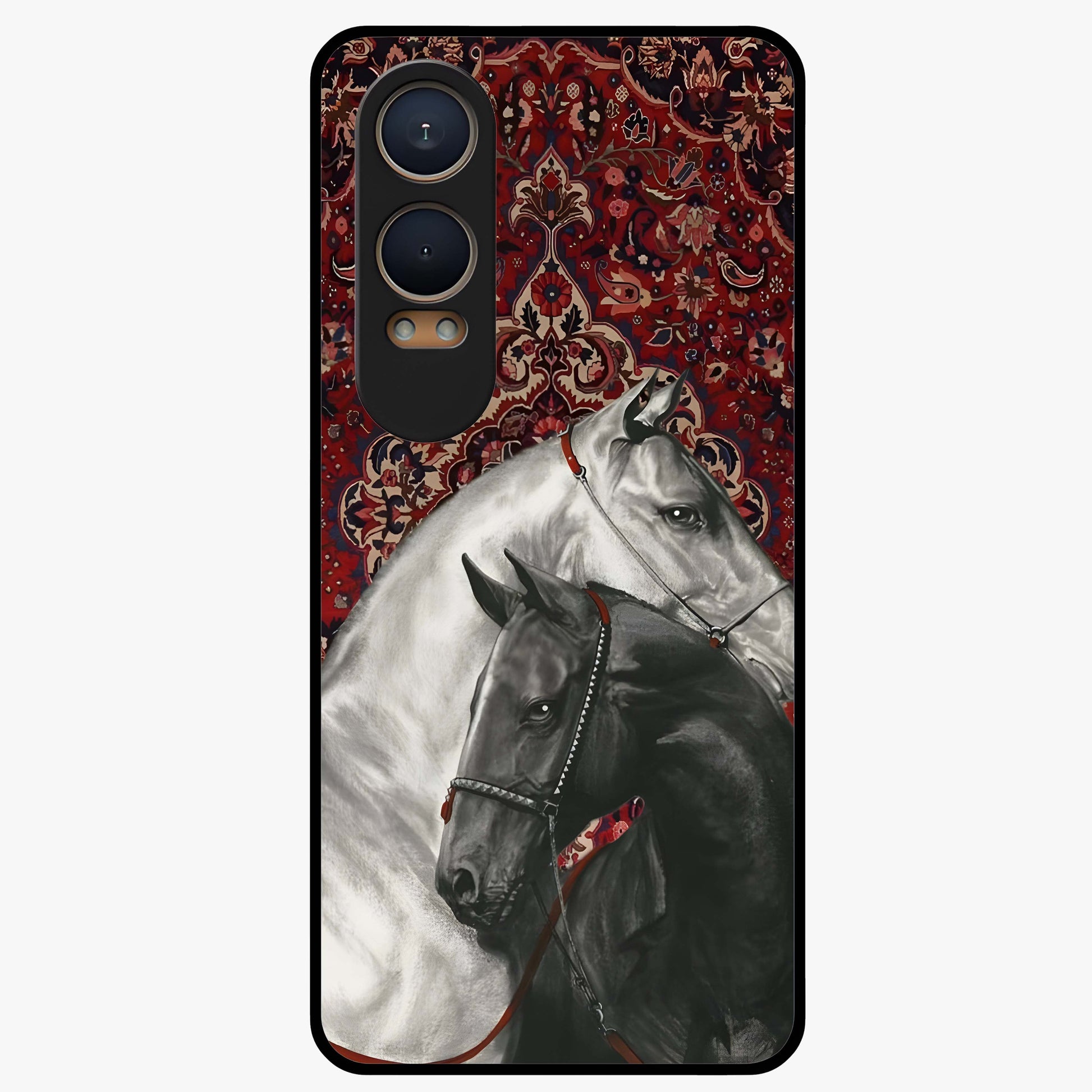 Regal Stallion Tapestry Glass Case for 1+Nord CE 4 Lite powerful front view featuring majestic horse artwork with tapestry style detailing
