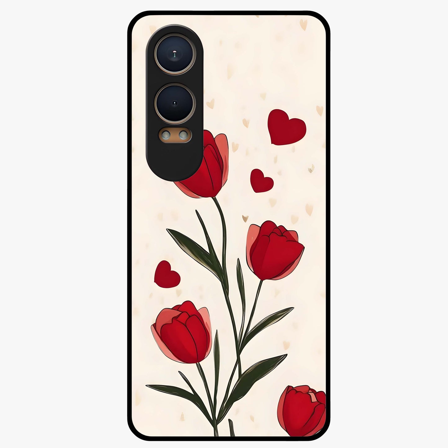 Romantic Tulip Hearts Glass Case for 1+Nord CE 4 Lite sweet front view featuring tulip floral artwork with heart accents
