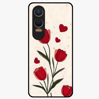 Romantic Tulip Hearts Glass Case for 1+Nord CE 4 Lite sweet front view featuring tulip floral artwork with heart accents